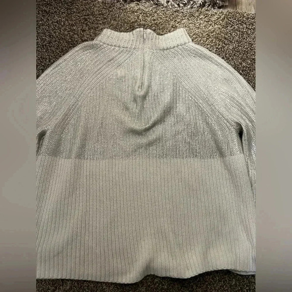 -Chico’s Sweater Metallic Silver and Cream Mock Zipper Neck Sweater Size Medium - Picture 8 of 13